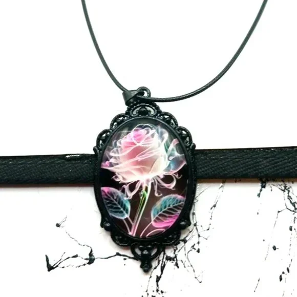 Gothic Cameo Choker Pink Rose Necklace with Chain New - Picture 7 of 10